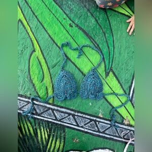 Handmade Crocheted Bikini Top - Teal with Multicolor Flecks